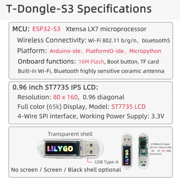 LILYGO® T-Dongle-S3 For NerdMiner V2 ESP32-S3 Development Board Dongle 0.96 inch ST7735 LCD Display WiFi Bluetooth TF Card - Image 8