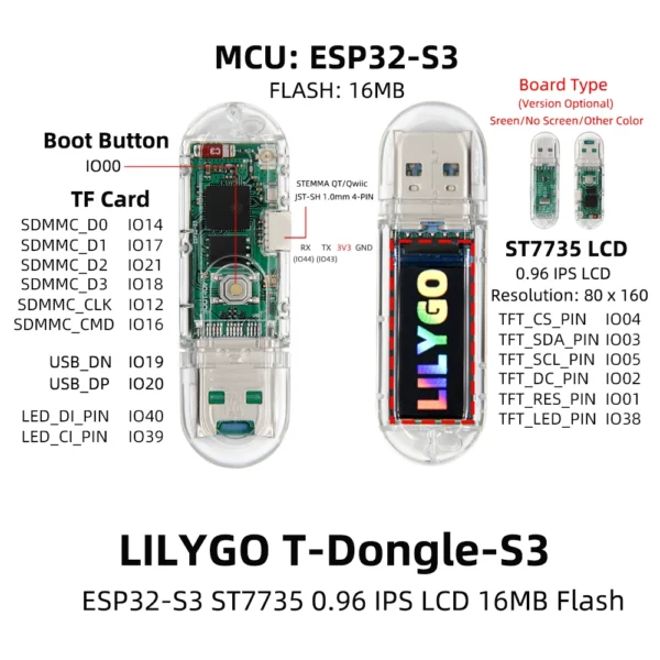 LILYGO® T-Dongle-S3 For NerdMiner V2 ESP32-S3 Development Board Dongle 0.96 inch ST7735 LCD Display WiFi Bluetooth TF Card - Image 9